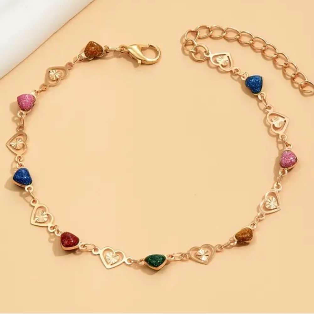Multi Color Glitter Heart Gold Toned Anklet - Picture 2 of 3